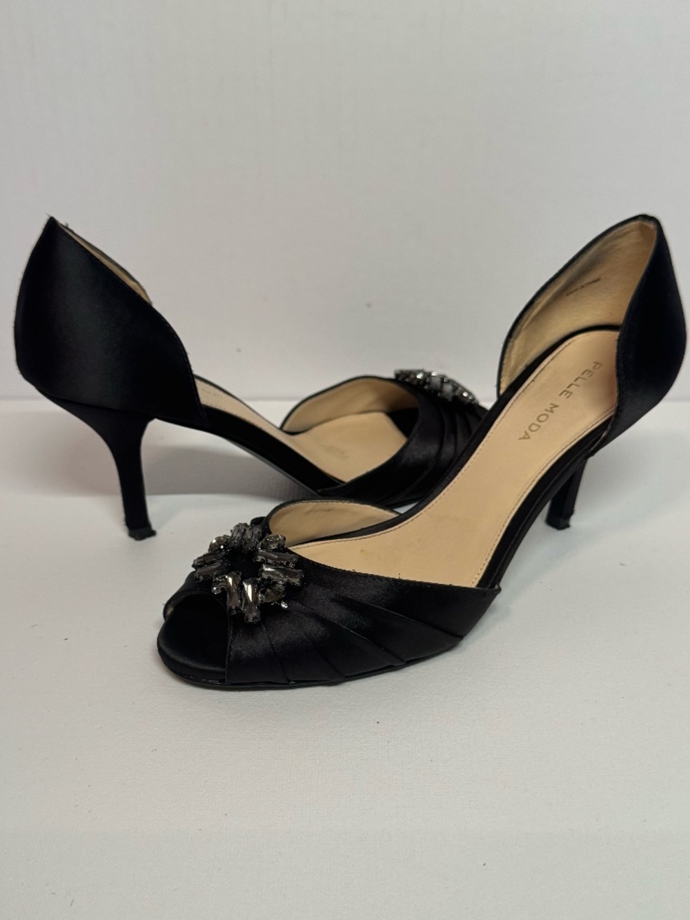 Pelle Moda Black Satin Peep Toe D"Orsay Heels w/ Crystal Embellishment Size 6.5M
